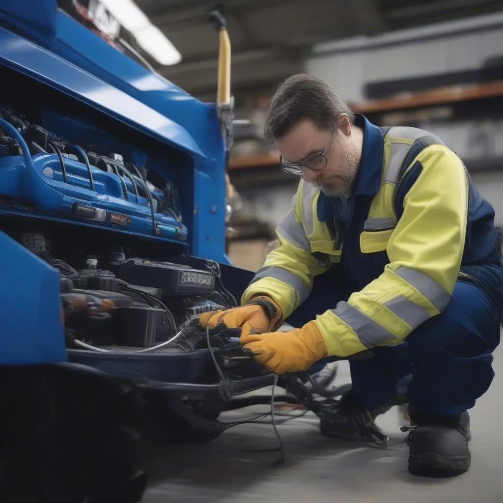 Mechanic using a scan tool on a CAT C15 engine